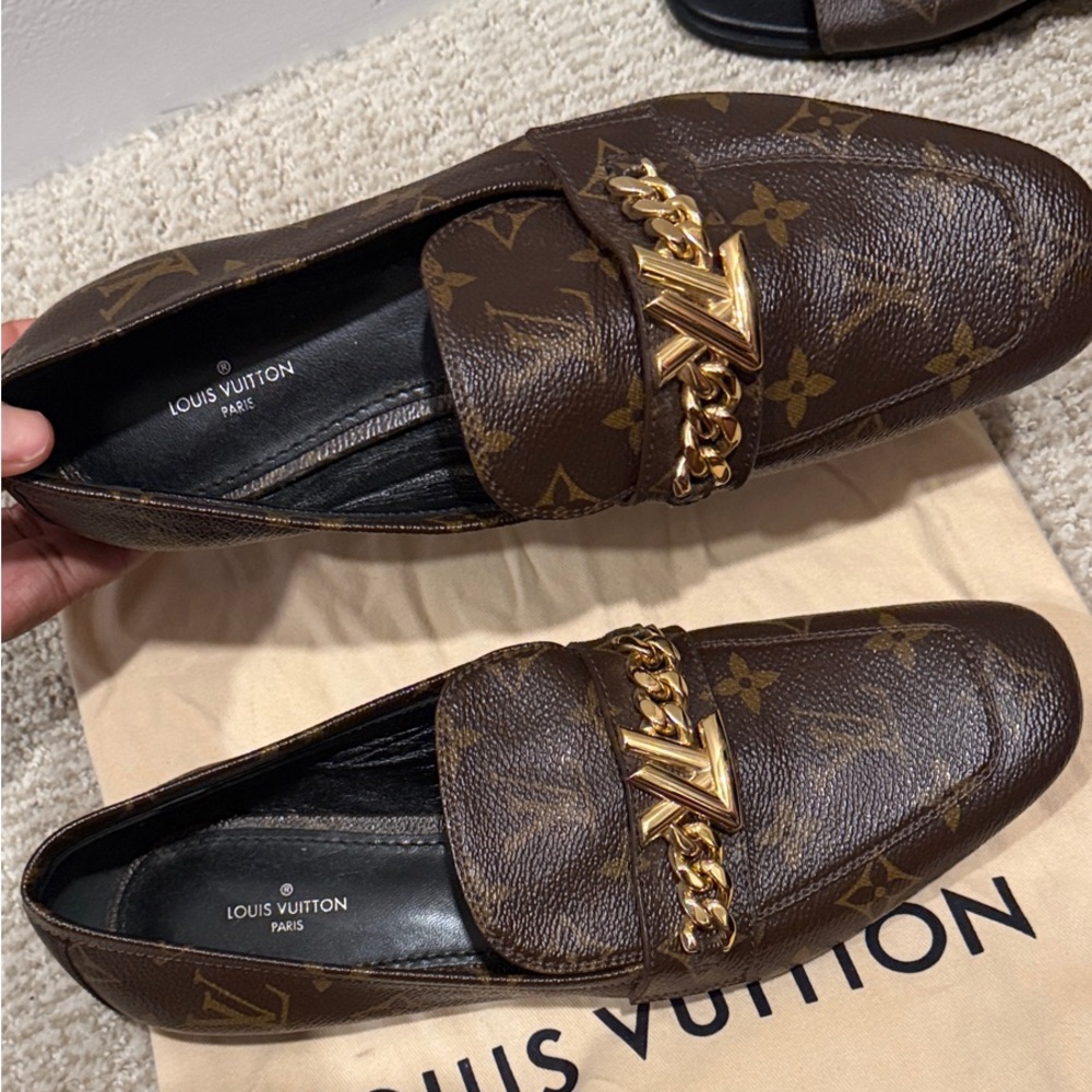 Louis Vuitton Dark Brown Monogram Loafers with Gold Accent - Picture 5 of 5